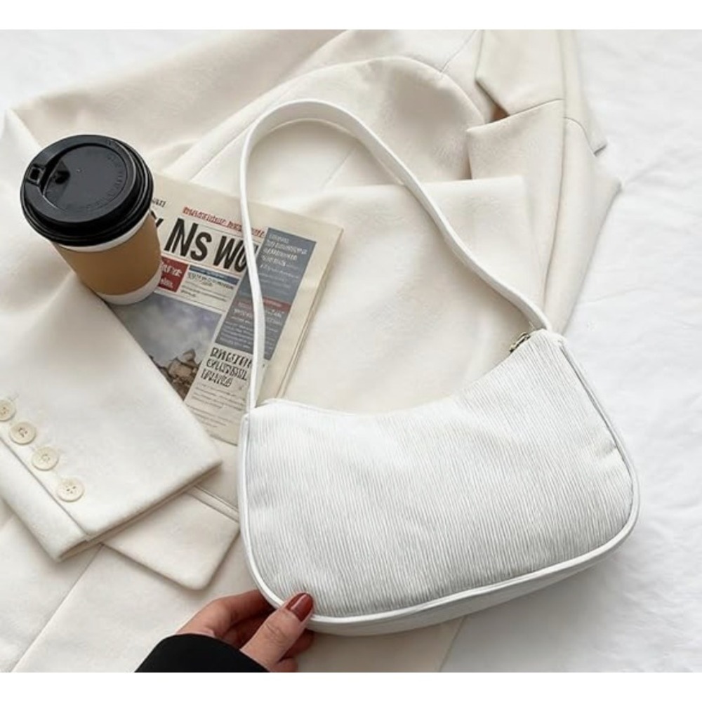 Corduroy Baguette Shoulder Bag White Retro Zip Purse Y2K Indie Minimalist Boho - Picture 5 of 5